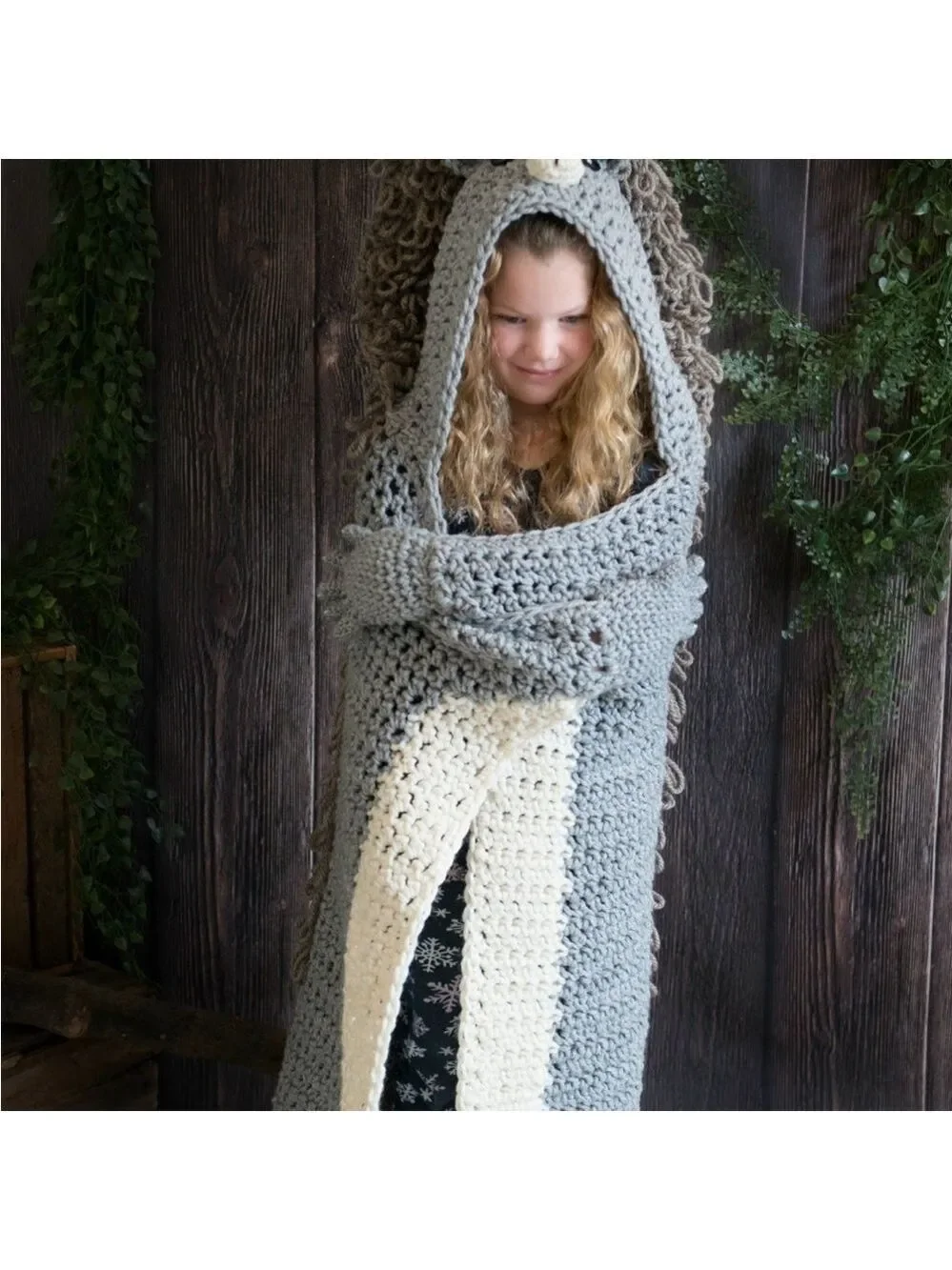HAND MADE Kids Crochet Animal Squirrel Hooded Blanket Grey Black White Tan